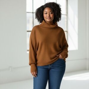 Brown Ribbed Mock Neck Sweater Womens Viscose Blend, Medium